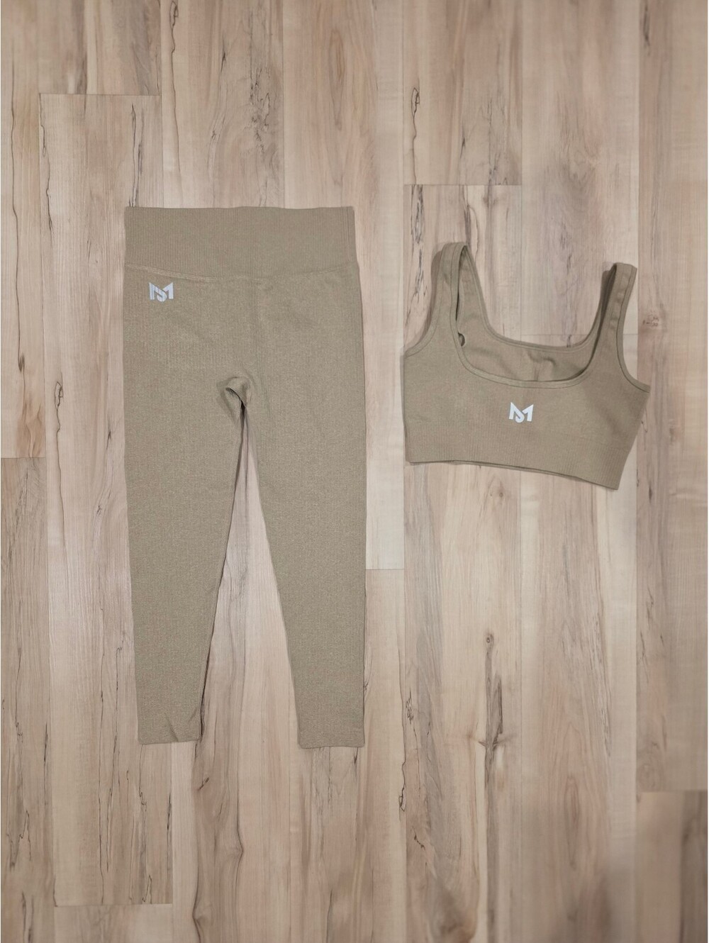 Morpheus Beige Ribbed Activewear Set - Sports Bra and Leggings, Size Large